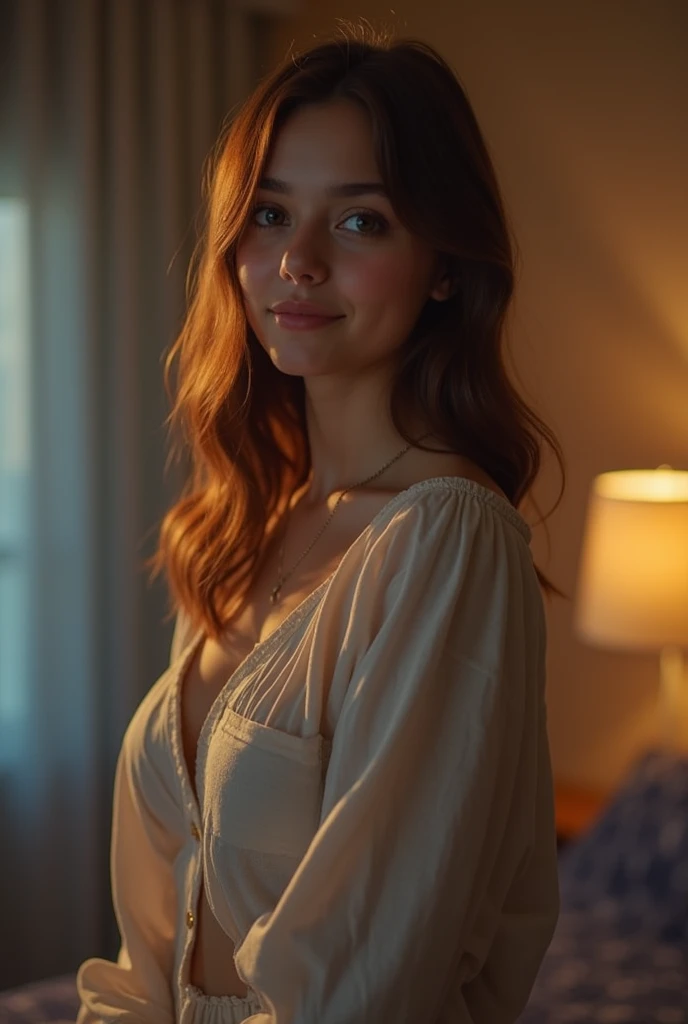 Create a visually powerful and emotional image for an ad aimed at women who want to make their ex-partners or current partners feel deeply and intensely missed. The image must portray a strong woman, confident, with a gentle expression of assurance, showing that she knows what she wants. It should be in a cozy and elegant environment., like a room lit by the sunset, with an open window in the background, suggesting her freedom and emotional control. over the horizon, in a blurred vision, the figure of a man appears observing her from a distance, with a look of regret and longing. The color palette should be soft and warm., with golden and pastel tones, transmitting comfort and attraction. Small details in the environment, like books or flowers, can suggest a balanced and valuable life, highlighting what man misses. The purpose of the image is to capture the woman's instant attention, evoking feelings of power and desire, without needing text. She must feel that missing her partner is inevitable and that she has emotional control over the situation.. This image should subtly work on the aspects of AIDA: attention: Uma mulher confident e atraente em destaque. interest: The warm and welcoming atmosphere suggests a full and attractive life. desire: The presence of man at a distance, clearly regretful and missing, creates the emotional element. Action: The woman feels she can achieve the desired control, leading her to seek out more information on how to do this.
