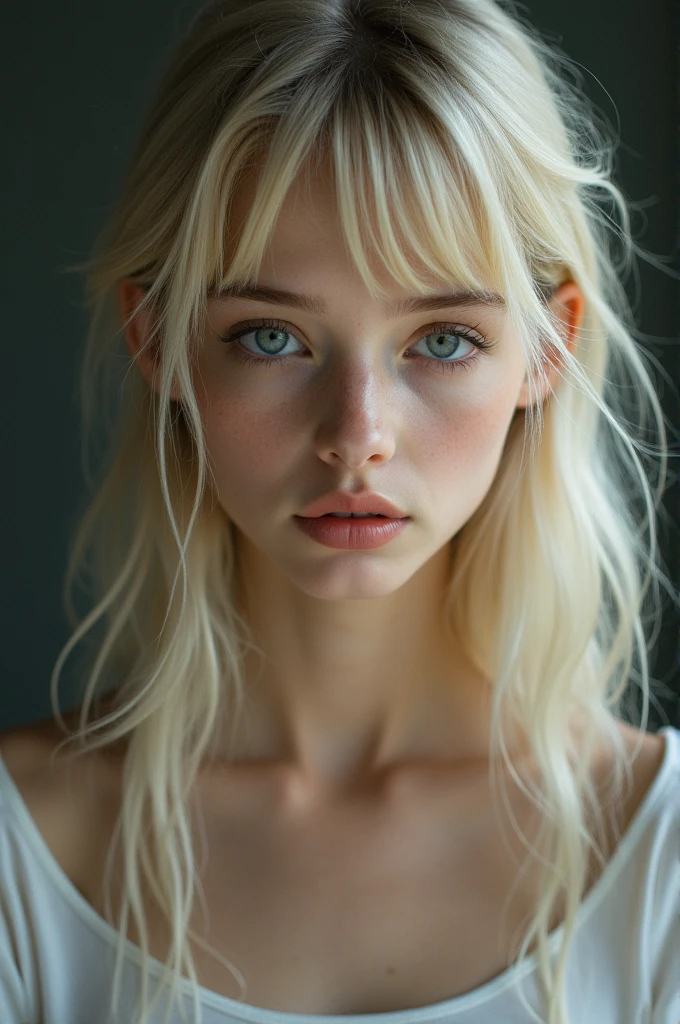 close up 1girl in, teenager, Solo, Aesthetic artwork, blond, straight blonde hair, shoulder length blonde hair, light blue eyes,  some small freckles, pale skin, small breasts, runners body, (thin hips, thin waist: 1.1), detailed skin, shy smile, 24mm, 4k textures, soft cinematic light, RAW photo, photorealism, photorealistic, intricate, elegant, highly detailed, sharp focus, ((((cinematic look)))), soothing tones, insane details, intricate details, hyperdetailed, low contrast, soft cinematic light, dim colors, exposure blend, hdr, faded