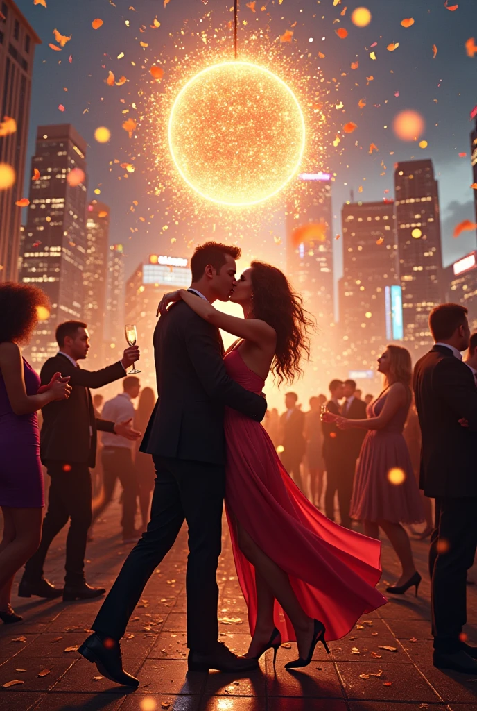 A vibrant New Year's Eve  scene: Confetti-filled air, champagne bottles popping, and joyful revelers dancing under a glittering ball of light. Framed by a cityscape at dusk, with skyscrapers' twinkling lights mirroring the celebratory atmosphere. A glamorous couple shares a kiss amidst the revelry.