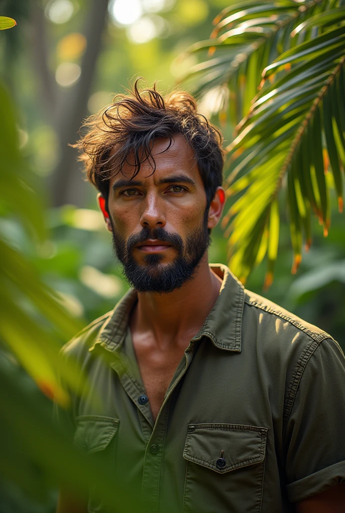 A mature and extremely handsome and fitted rugged adventurer lost in a lush and foggy jungle, determined to complete hismission, short messy hair