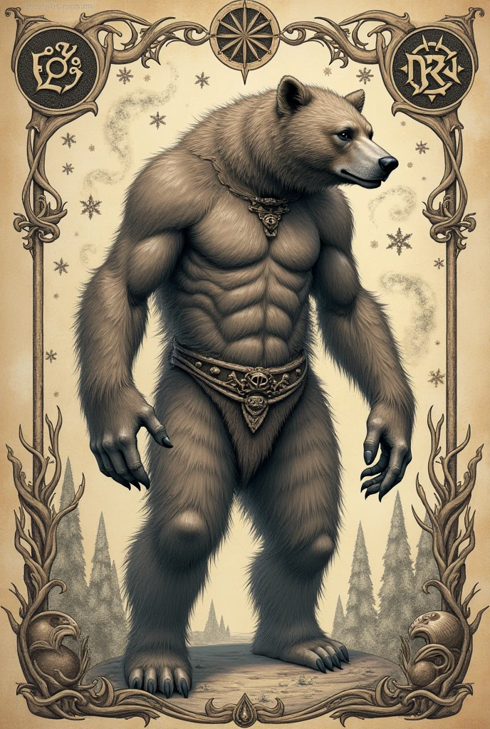 Capricorn black bear naked upper body hairy delicate muscles majestic （Golden eyes sparkle）The background is an endless winter forest, Wild and domineering , Huge muscles, Black bear with ripped abdominal muscles