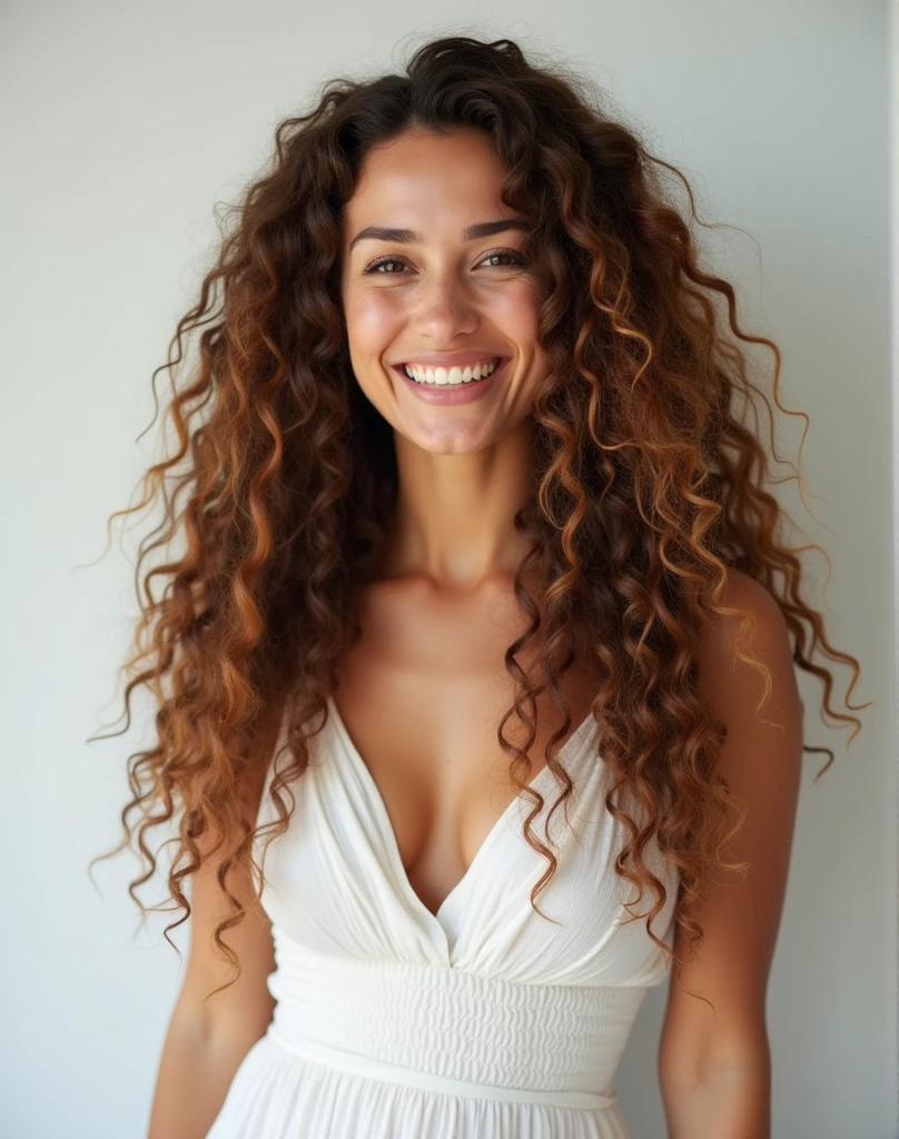 Brown woman, big hair, long hair, curly hair, naturalist, smile, delicate dress, 24 year old face