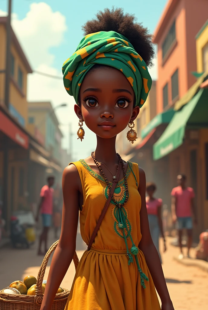 "Generate a hyper-realistic unique image of a 10-year-old girl from Gambia with authentic gambian features hair, skin colour, eyes, dressing, real, set against a realistic city background, showcasing the best quality and intricate details."