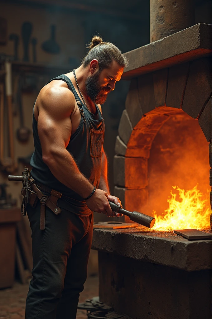 sexyblacksmith, gloves, naked apron, goggles, holding hammer, fire, anvil, spark, photo of a man forging a sword, realistic, masterpiece, intricate details, detailed background, depth of field, asas de anjo homem bonito com asas de anjos e plumas. Penis volumoso