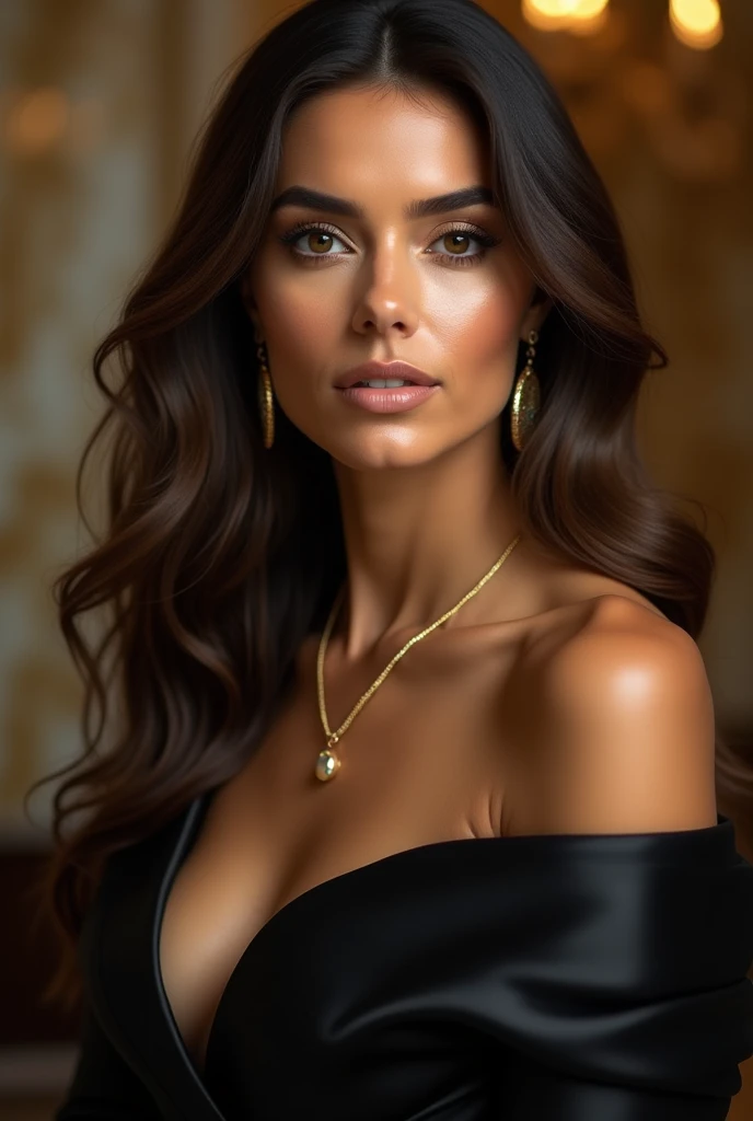 A woman of stunning beauty poses in a black dress adorned with gold jewelry. The scene is realistic, combining subtle sensuality with a conservative and seductive touch. The white garment partially covers his body, revealing her lingerie, which adds a note of passion to the image. The woman is standing, showing her full figure. His face is sensual and extremely detailed, highlighting beautiful and well-defined eyes, and perfectly outlined lips. Long lashes frame her eyes, creating a captivating look. The image is photorealistic, captured in 8K resolution, with high definition quality, nudity , bare tits

Soft, enveloping lighting enhances a woman&#39;s natural beauty, filling the scene with light and highlighting every detail clearly. Warm, golden tones complement the jewelry, creating a cozy and elegant atmosphere. The composition is inspired by the baroque oil painting style, but with a focus on luminosity and clarity, eliminating harsh shadows and emphasizing a soft, radiant glow.