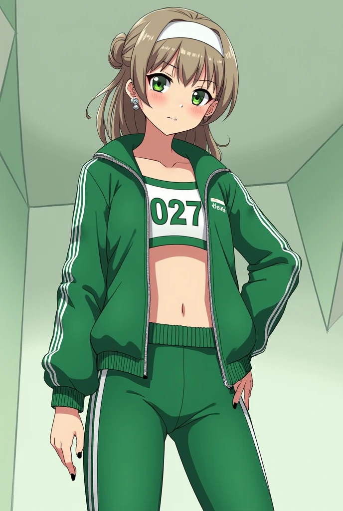 A woman, long brown hair, green eyes, pale skin, small waist, abs, compression shirt
