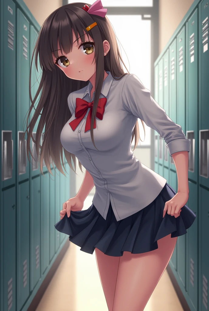(extremely detailed CG:1.2), (masterpiece:1.2), (best quality:1.2), looking at viewer, full unclothed body, (1girl), solo, long hair blowing in wind, (mathayom uniform), (white shirt short sleeves), (navy_blue pleated skirt), dynamic angle, standing on desk, Nude topless shirt open, breasts fully exposed. Wind blowing,