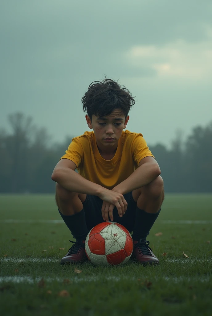 Description: A boy watches the game from the edge of the field. His shoes are torn and you can see that he is sad..
promptly: (onscreen: Close-up of a boy with torn sneakers. His expression is one of sadness and discouragement..)