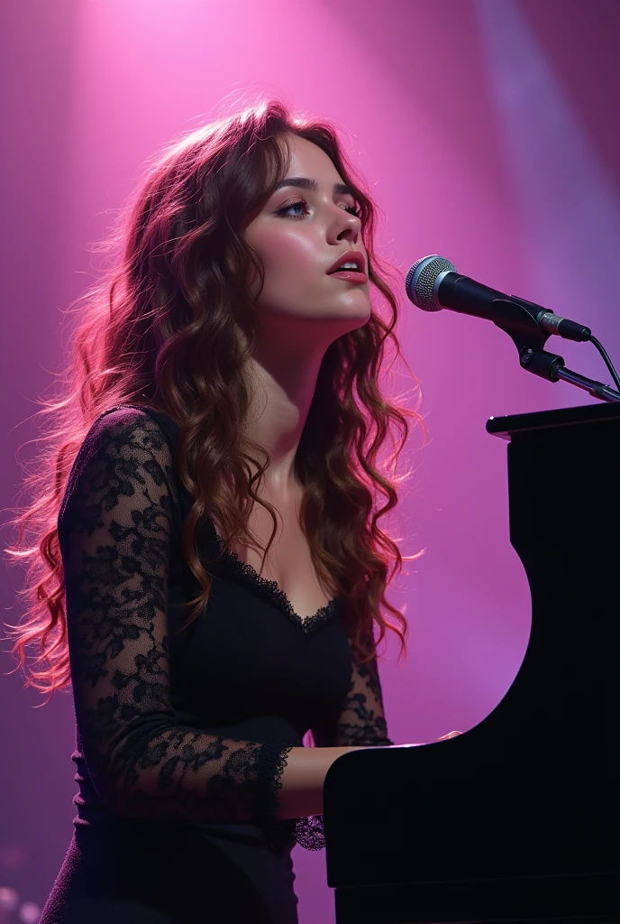Create a photorealistic image of my beautiful redhead model with curly hair , blue or brown or green eyes, sitting at a grand piano, your fingers gracefully touching the keys. The scene should be lit by a soft glow from a piano lamp, casting a warm light on her face as she dives into the music. Capture the intensity of her concentration and the passion in her expression as she brings the music to life with every note. no missing fingers, next to a window that illuminates it, with a transparent dress and she has tanned skin
