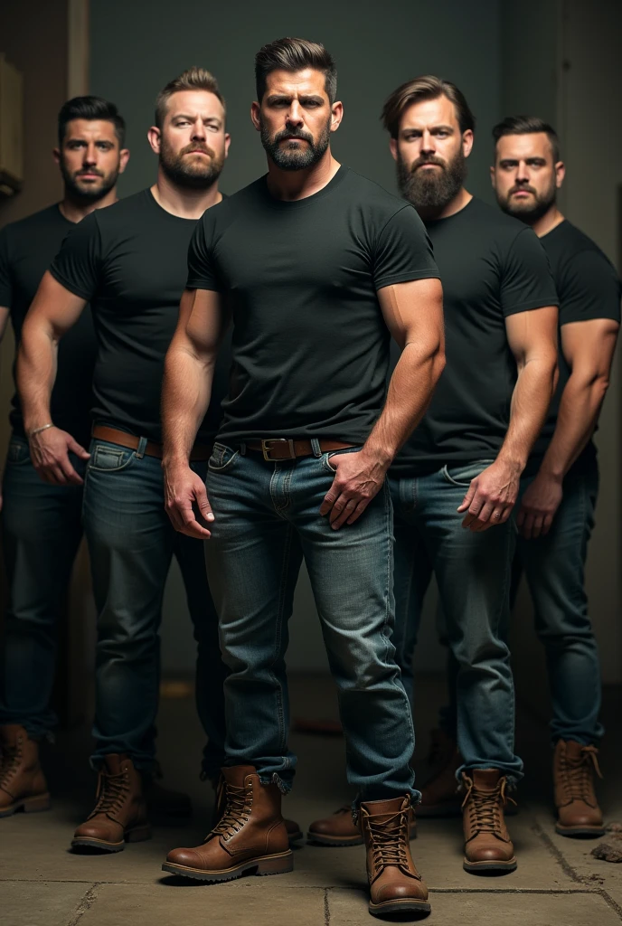 Group people, gay aesthetic, 8k, super detail, A portrait full body of group mid age 50 yo heavy truckers love interacting each other bdsm gears, leather collar, harness, medium hair shaved sides, Strong, muscular, hairy big belly bodybuilder, jockstrap showing very hairy pubs groin area, bulge, leather boots, gloves, epic realistic, photo, faded, neutral colors, ((((hdr)))), muted colors, intricate scene, artstation, intricate details, vignette