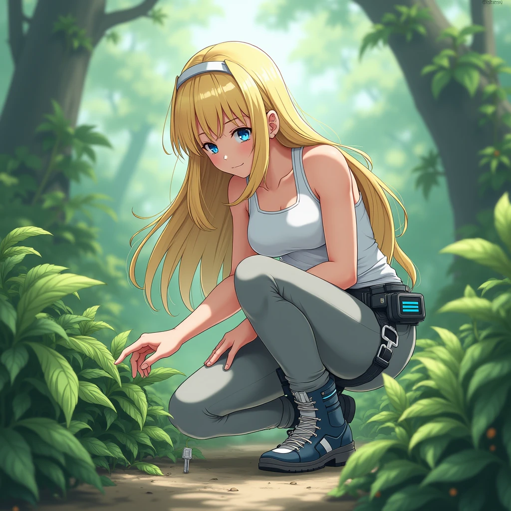 Beautiful anime girl, blonde hair, blue eyes, jungle background, vines coiled around her legs, black high top converse shoes, white socks, black leggings, white shirt, vines, kicking towards camera.