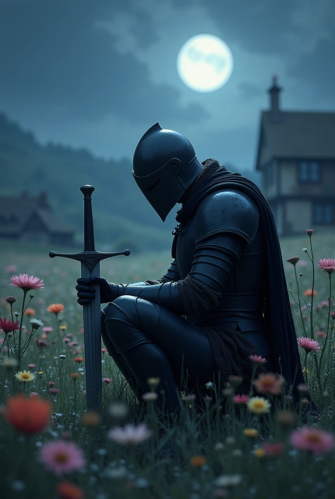 Black knight in wisdom land behind village with his sword impaled into ...