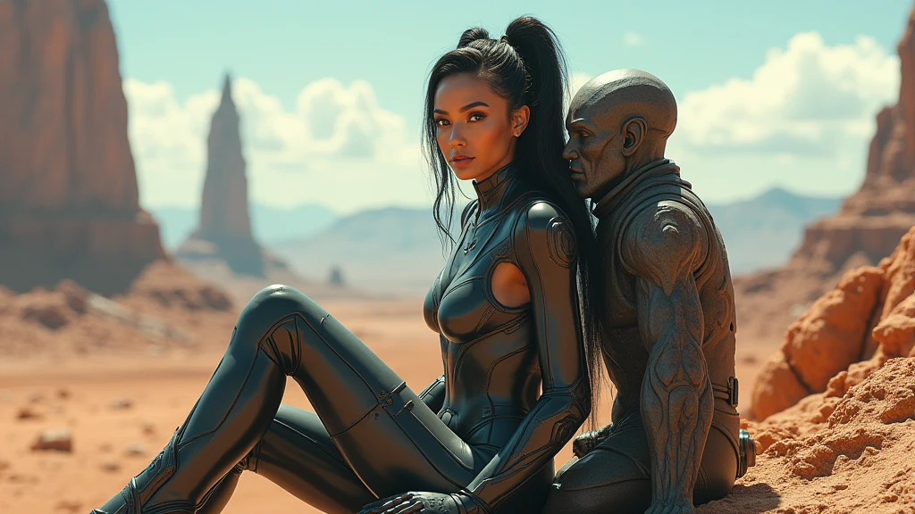 close-up, full length,absolutely naked mexican girl hugs the alien humanoid from another planet , flirt,sexy, ultra high quality detailing