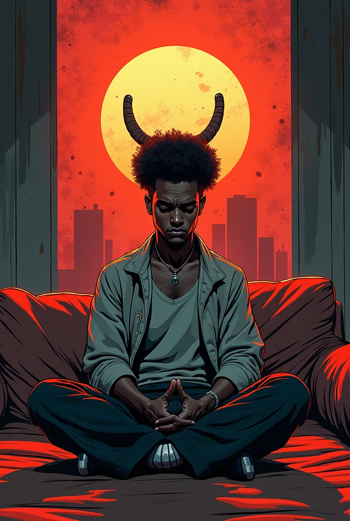 There is a cartoon of a man sitting on a couch, cyberpunk art inspired ...