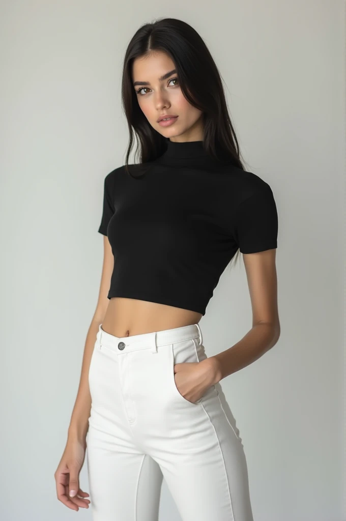 a woman in black shorts and a top preto posing for a picture, wearing a camiseta preta, vestindo camiseta preta, vestindo uma camiseta preta, camisa apertada, camiseta preta, wearing a Camisa preta, Camisa preta, wearing camisa apertada, top preto, camiseta preta, camiseta preta, vestindo roupas pretas justas, roupas pretas justas