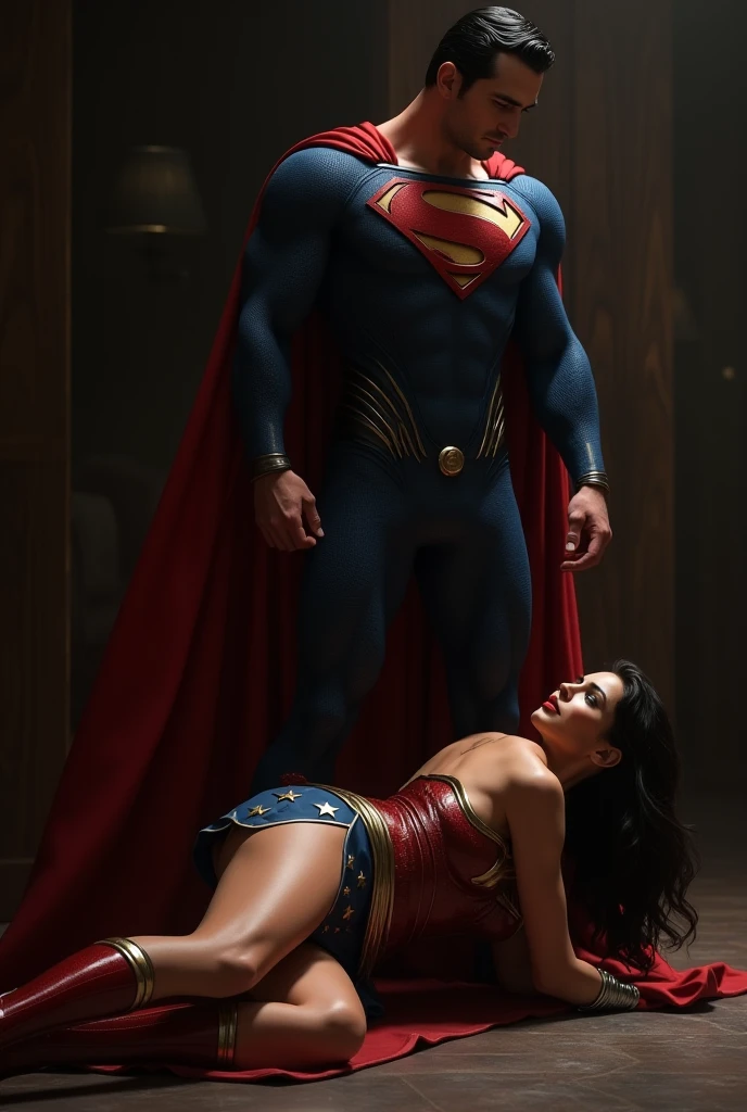 Superman standing with bloody fists and black suite and glowing red eyes, A toned athlete, muscular, blue eyes, black hair Wonder Woman in Wonder Woman’s tiara, red and gold bustier, blue leotard with white stars, ((silver wrist bracelets:1.2)), ((Red knee high boots:1.2)), golden belt with athletic and muscular body laying on the ground unconscious covered in sweat with tattered costumes.