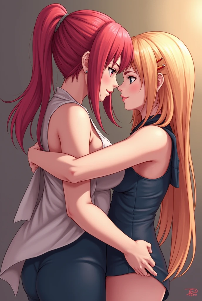 "(2 women kissing, Sakura kissing Ino, ino is blonde), sleeveless sexy spandex workout clothes, very sweaty, training, small breasts, yuri:1.4, provocative, scene background with hyper details, Konoha village.", perfect anatomy, perfect arms, perfect hands,