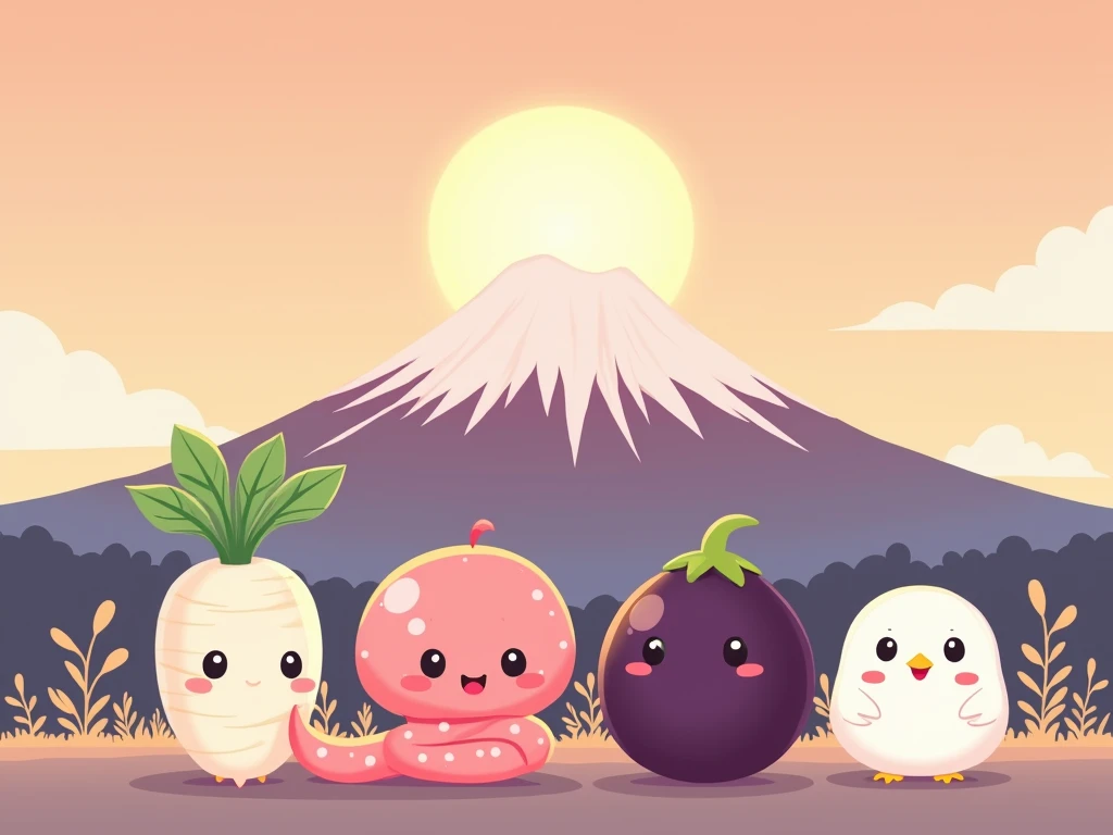 （masterpiece, top quality .1.2),wallpaper,(((up space says”Happy new year”)))1 girl/(cute pink snake cosplay girl), 1 cute Japanese white radish character/(it has leaves), 1 cute eggplant character ,1 cute hawk character ,They are side by side ,background,Mount Fuji, sunrise, flat illustration 、 cute illustration,soft tone 