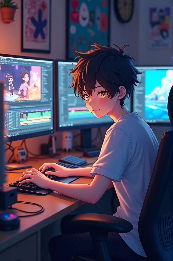 anime boy sentado en un escritorio con una computadora portátil y un monitor, 4K anime style, 4k anime wallpaper, anime rudo 8K, manga wallpaper 4k, young animated, anime boy, 4k anime wallpaper, 4k anime wallpaper, high quality anime art style, Moe anime art style, anime art wallpaper 8k, anime art wallpaper 4k, RGB lighting,