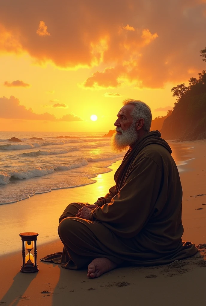 Create an image of a 35-year-old Indonesian man with a clean Southeast Asian face, wearing a white turban, a long white robe, white pants, and sandals resembling those worn by martial artists. He is spending the night in a cave near a southern beach. The scene should be detailed with dramatic, cinematic lighting, and the atmosphere should be mysterious and eerie. The image should be hyper-detailed, 8K resolution, ultra-sharp, and UHD.
