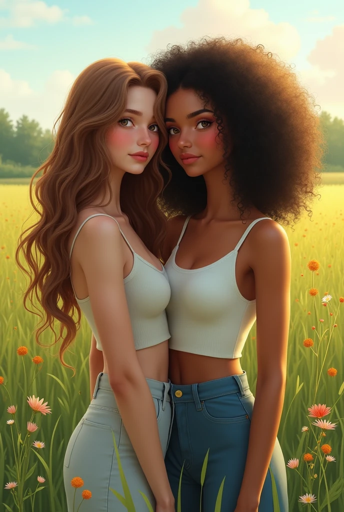 melhor qualidade, realista. 2 garotas distantes uma para a outra, uma garota tem cabelo laranja/ruivo vermelho fogo. A outra garota tem cabelos curtos pretos/verdes com mechas azuis. They are dressed in pants/ saia jeans e cropped, The English girls stand in front of a dark castle, night and starry sky. It's night the night sky is starry. They have hair of different colors, bem como tom de pele diferentes