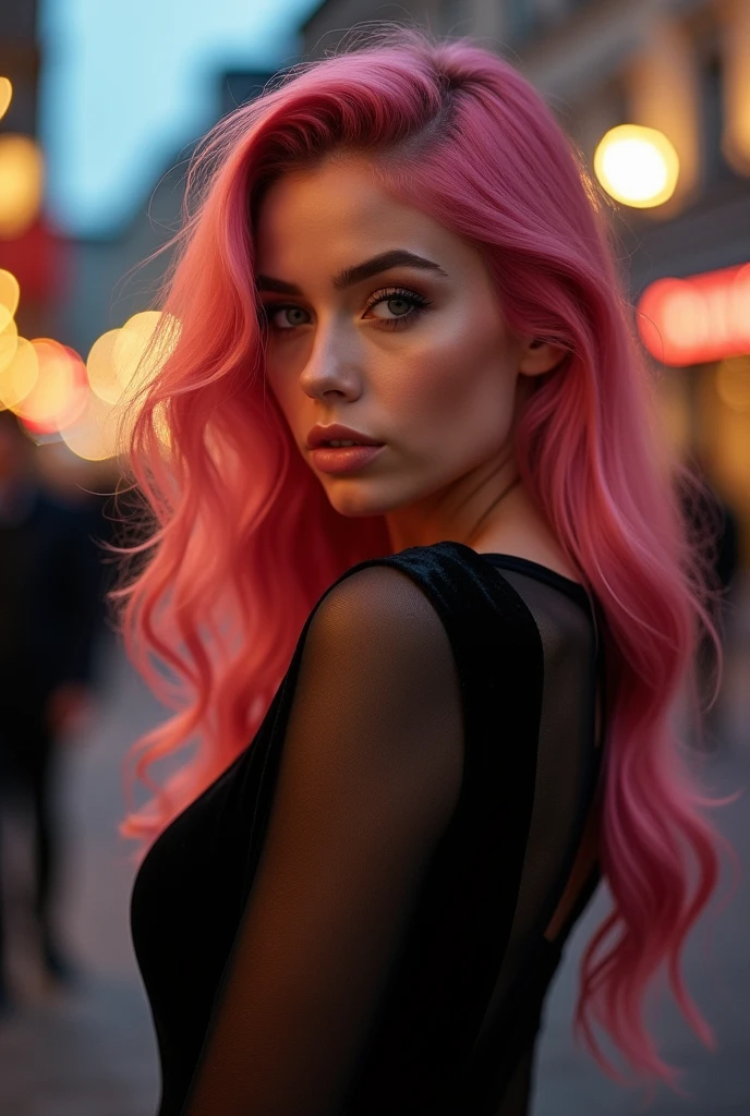 Girl with long wavy pastel pink hair, Blue eye color, Pale skin tone, , Light makeup,Curvy body, Wearing a tight black dress,Ultra HD drawing