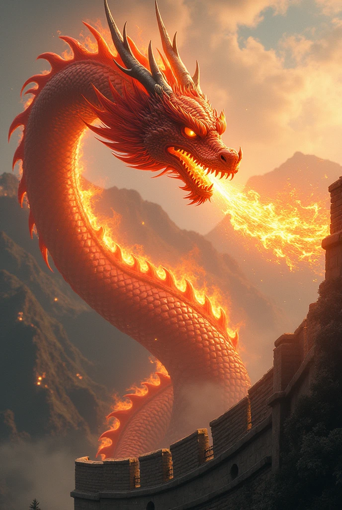 A highly detailed, photorealistic red dragon, epic fantasy dragon, dramatic pose, powerful and majestic, intricate scales, glowing eyes, open mouth with sharp teeth, breathing fire, dramatic lighting, cinematic composition, vibrant colors, detailed background with mountains, clouds, epic fantasy landscape