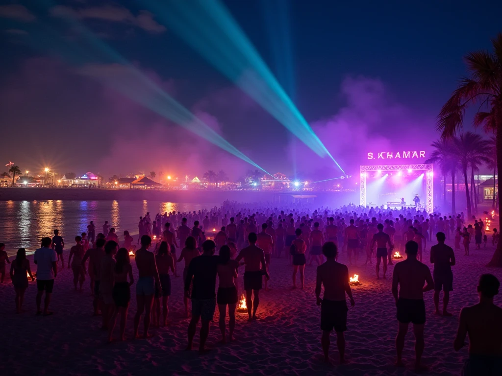 Nightime Rave Ultra-realistic 8K image of a beach rave party at night, with vibrant ...