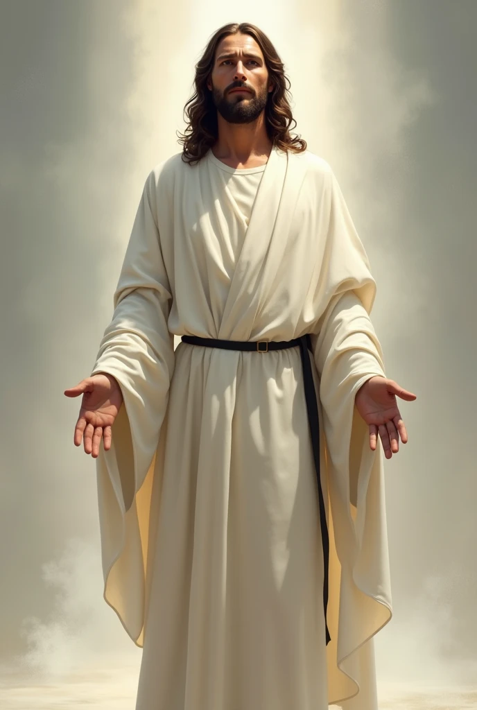 Create an image of Jesus standing in a white robe with a black belt ...