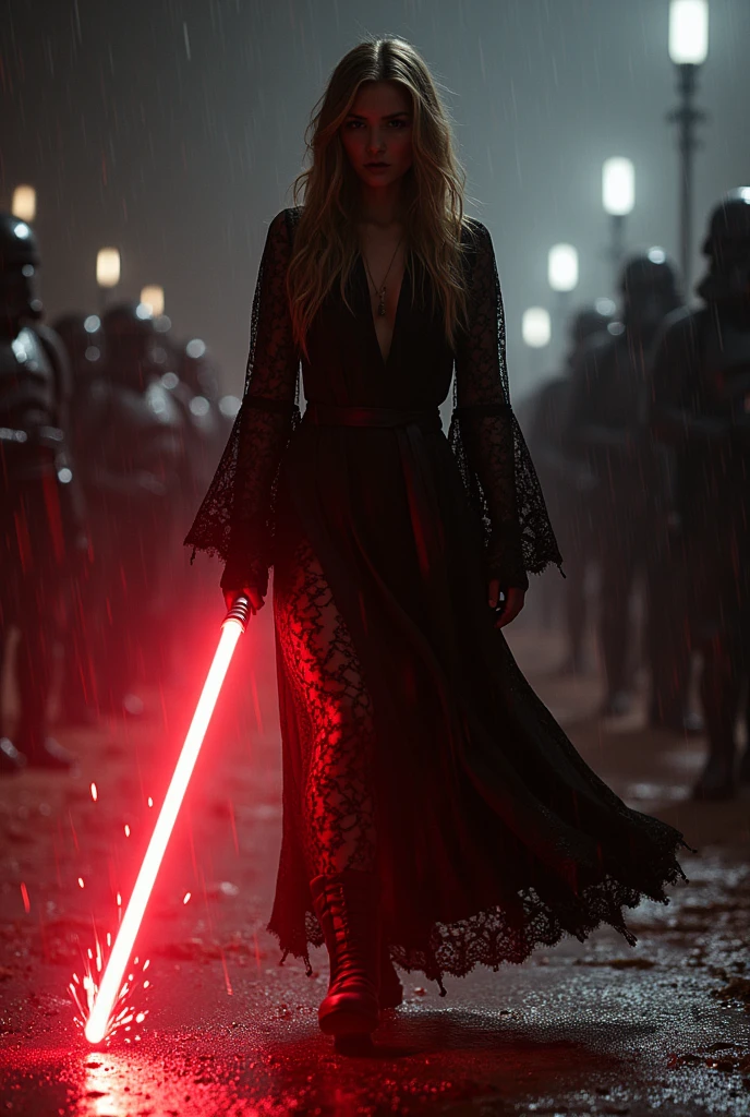 Créé moi une image avec le personnage de Rose Mclver habillé en tenu de sith noir, elle porte une robe longue usé, des bottes noir montant a la motier des mollets, avec un haut décolleté en v dechirer
faisant appqaraitre une tres grosse poitrine dénudée, elle a les cheveux blanc flotant dans le vent, elle a un regard menaçant, elle tiens un sabre laser de couleur orange dans la main droite celui-ci fait des etincelle sur le sol et un deuxième sabre laser de couleur violet dans la main gauche tenu droit devant, elle se tiens de trois quart de profile en position d’attaque, elle se trouve dans un decor de plage de sable blanc a la tombée de la nuit, le ciel est sombre et étoilé 