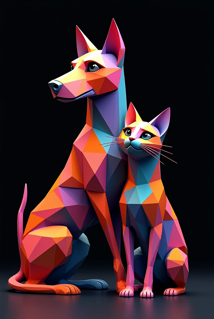 Cubist dog and cat in multicolored 3D on black background
