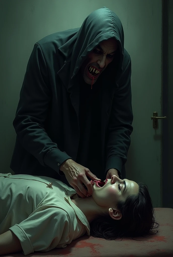 masterpiece, highest quality, (solo focus), (perfect face:1.1), (high detail:1.1), (hyper detailed eyes),Male patient on operating bed、dark torture chamber、Dirty white gown、1XGALX Mistress 、performing abdominal dissection 2、(Sadistic Indonesia ghost lady opening her laparotomy:2)scalpel for surgical surgery、A crazy smile、Look at viewers、Enjoying pulling out the internal organs, ghost lady with long black hair, pulling the eyes socket