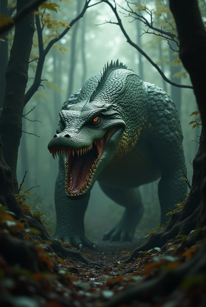 Create a 9:16 image photorealistic image of an angry giant hybrid ...