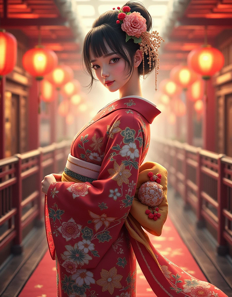  Japanese kimono on the background、((Realistic:1.3))、 happy new year with subtitles、 Japanese 