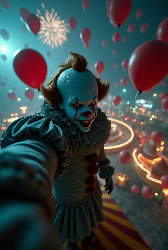 clown with a macabre smile, inside a bubble with the background of the image full of credit cards 