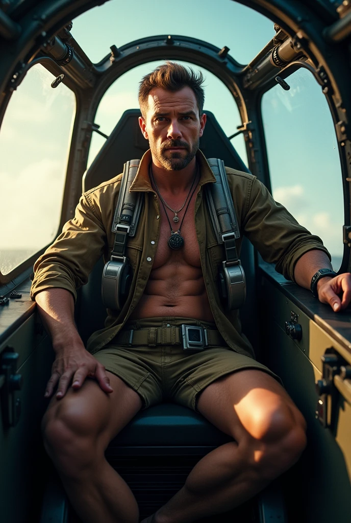 Picture of Salman Khan, where his body will be wearing pants and nothing on top. The environment will be a desert, with a crashed airplane and a river