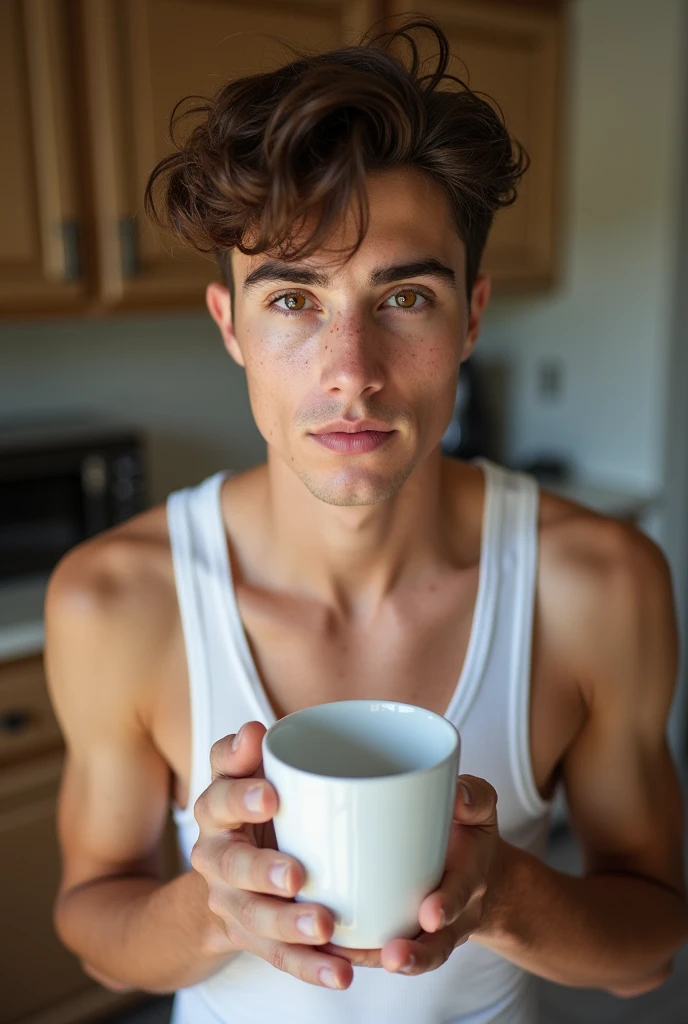 Young man , face perfect, honey eyes , skinny sexy , wearing no shirt, muscular straight rebellious hair, He is sitting at the table eating cornmeal cake with coffee., dirty poor kitchen, falling apart, in favela , He's hungry , is 18 years old, is happy , having afternoon coffee after football 