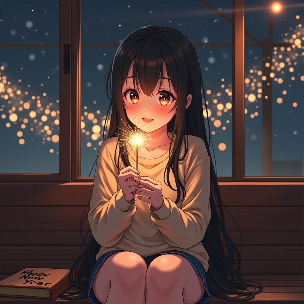 Dark apartment, small birthday cake on old wooden table, modern apartment, alarm clock on the wall,anime scene.(((Upward shot))),(((No humans)))