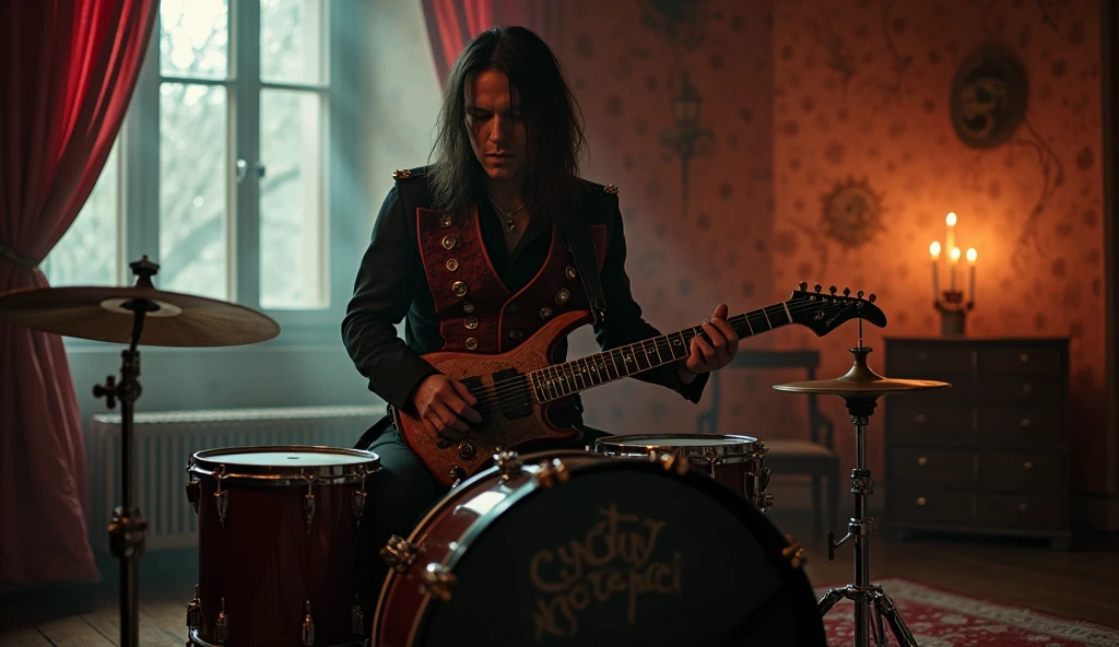 A stylish German rocker wearing dark clothing with red and gold details, seated at an old drum set in a haunted mansion. Flickering candles cast eerie shadows on the walls as curtains sway in a supernatural breeze