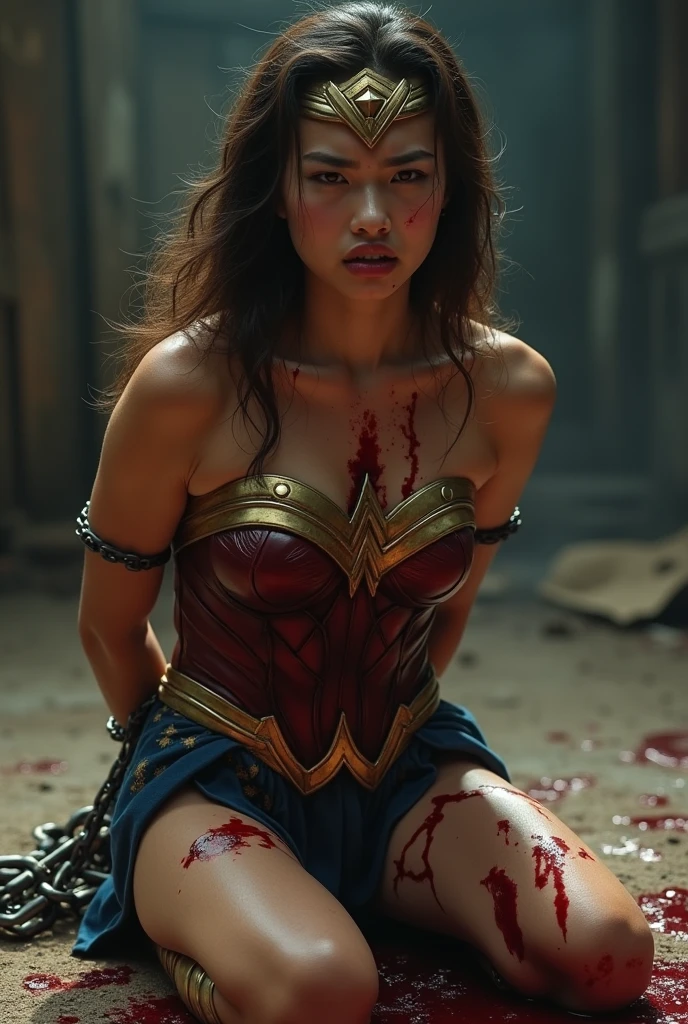 Sweaty Wonder Woman is vomiting in the ring, she spits out lot of visible water repeatedly. Lot and Lot of saliva continously dropping from her mouth to the floor. There is lot of sweat on her muscular body.