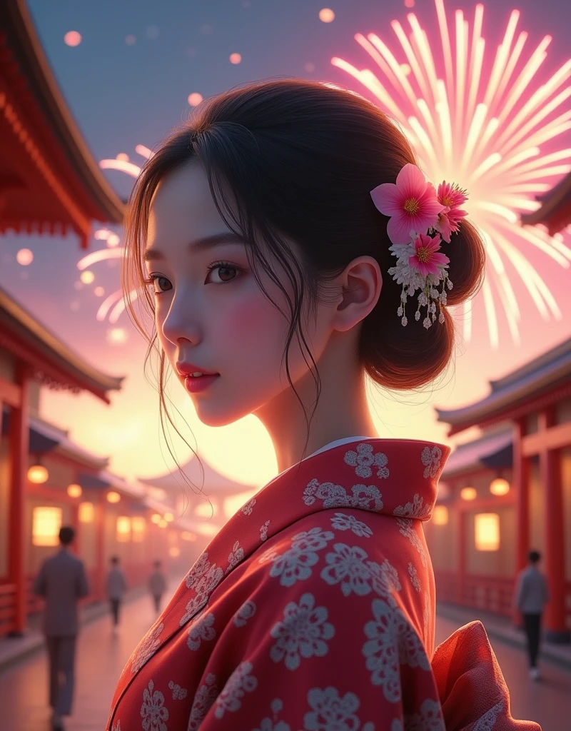  Japanese kimono on the background、((Realistic:1.3))、 happy new year with subtitles、 Japanese 