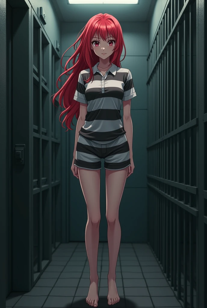 bound arms, Behind the arm, A high resolution, HighestQuali, illustratio, ultra - detailed, (详细的脸), (Detailed eyes),Best quality at best, ultra - detailed, tmasterpiece,1girll,Cord,Bondage,BDSM,gag,tape gag,horrified expression,Barefoot,struggling,perspire,Hands and feet are tied,In a dimly lit basement,makima \(chainsawman\),(red hair)+(long braid)+(By bangs),Yellow eyes,Golden eyes, eye socket, white shirt, (tiese),black long pants