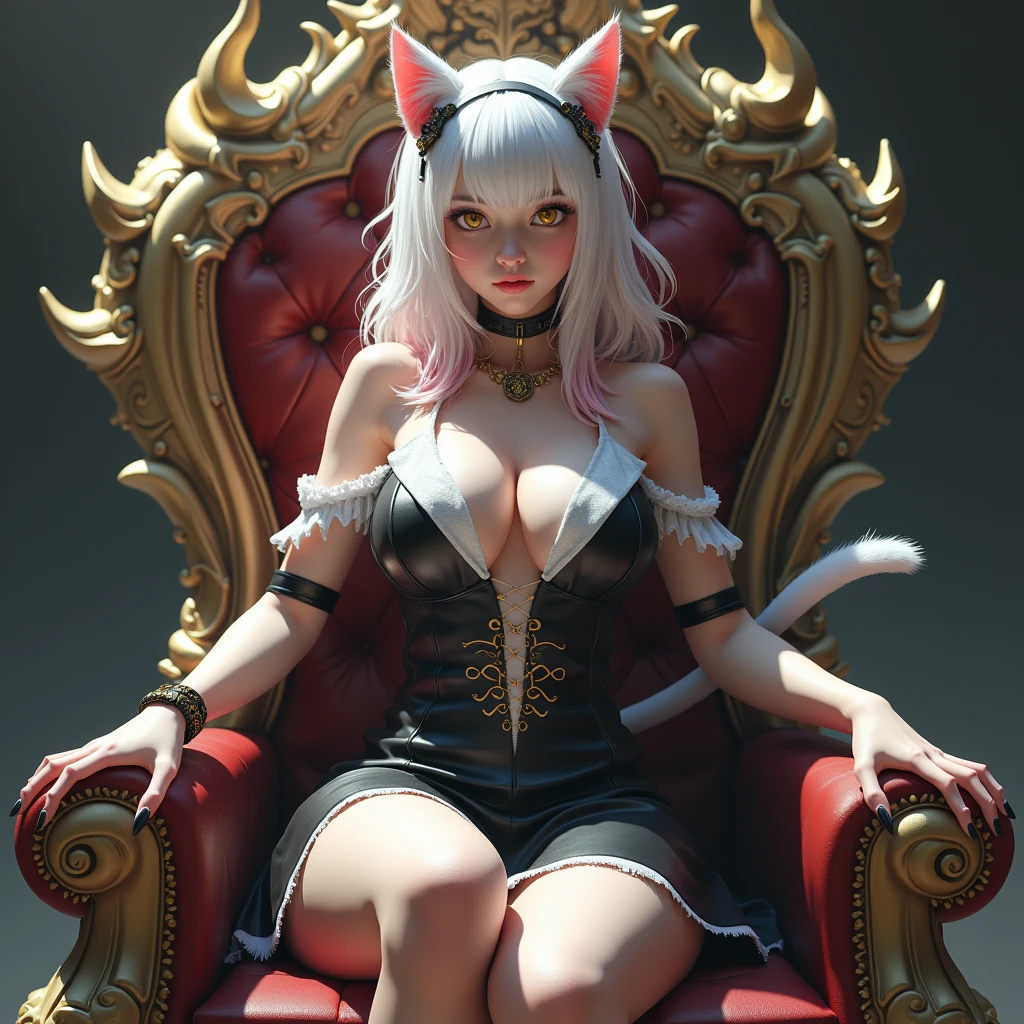 There is lost coliseum there female lionessin seductive pose, she have ebony colour skin beautiful yellow cat eyes dark gold eyeshadows make up, ring style earrings, her hair is purple with pink highlights . she dressed in white neather topic with golden parts on countures also short and white leather straps on her cat legs instead of boots, her hands have hude ruby claws on her fingers, (ultra high quality fantasy art, anime fantasy style, masterpiece, ultra high quality character design, 8k quality anime art, realistic anime art, top quality wallpaper illustration, detailed ultra high quality accurate face, high quality design and accurate physic)