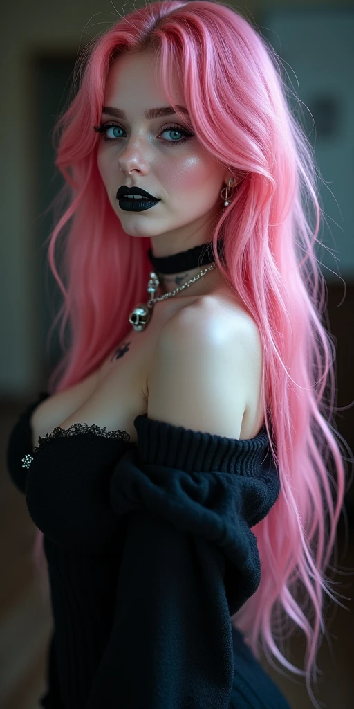 Picture of a goth girl. Fit face. 22 years old, Sharp chin, photography, raw photo, masterpiece, extremely detailed photo, DSLR, photorealistic 1.4, ultra hi res, best quality, pink lips, perfect makeup, full body picture, tall, toned, busty,