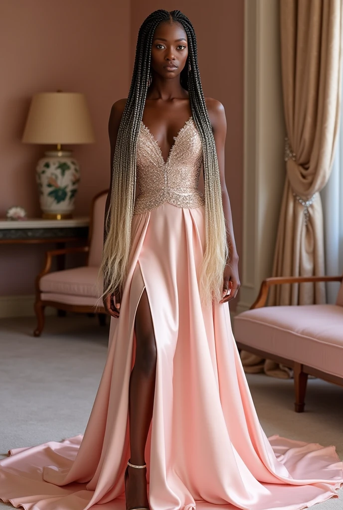(​masterpiece, best quality:1.5), highest quality, High resolution, super detailed, Realists, Full body photo of a young black woman, black skin, detailed and beautiful brown eyes, very detailed eyes and face, longeyelashes, the young woman wears a long tank top with thin straps made of shiny satin and a short chiffon pleated skirt, beautiful natural makeup, elegant and noble々Pose, Gardens as background, soft daylight, bright colors, fine brushstrokes, shiny fabric for clothing, beautiful color palette, glowing skin, First-class rendering, that captures every detail, enchanting atmosphere, subtle shadows and lights, (perfect anatomy:1.2), (The stunning young woman stands in a clothing store and is excited about the selection, rummages through the shoes , (magnificent panorama view:1.2)