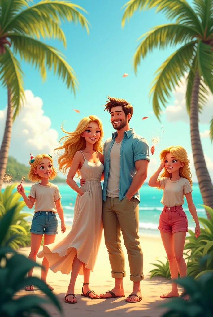 two happy couples on the beach, one with two women, one blonde and one with light brown hair, and another couple with a brown haired woman and a brown haired man, glasses and very muscular, there are two children in the picture