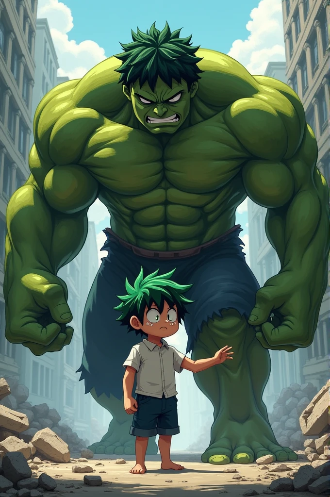 Two character, kid boy with old man green orc, full body version, Kid boy has curly black hair, red eyes, he's topless, he's happy, open mouth, indoor, town, (one piece style art)