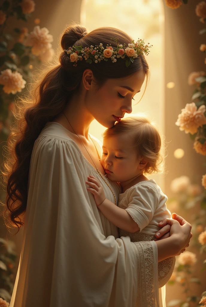  the Goddess of Love, Kindness, Beauty, Motherhood, and Fertility, shone as the Morning Star. Her nurturing spirit was symbolized by the soft light of Venus and the gentle embrace of a sleeping baby. Her purity and altruism were reflected in her constant aid to those in need.

Make an image about the text above