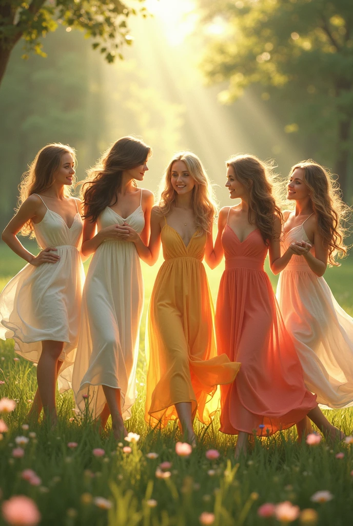 Photoshoot of 3 women wearing green dresses and beautiful cities dancing and carrying flowers in a very green and beautiful forest valley.