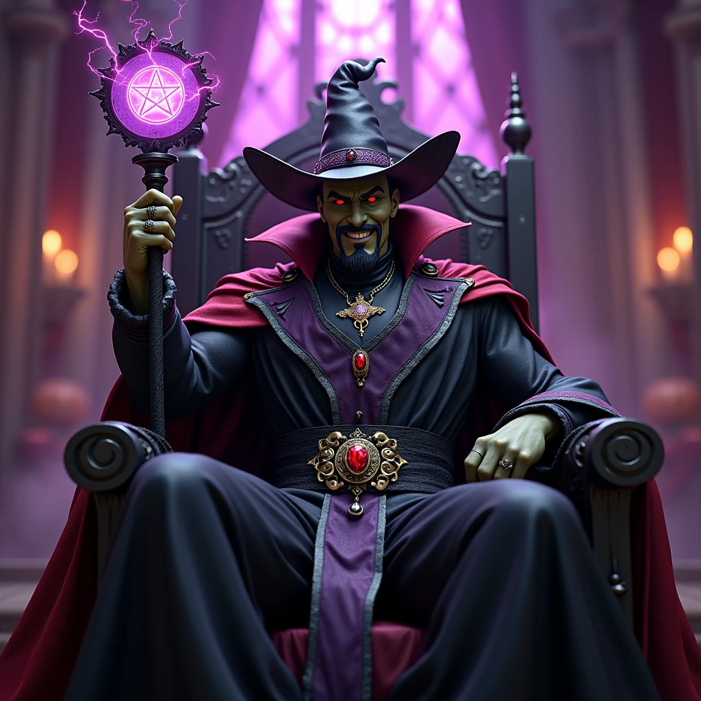 A black wizard wearing a purple robe, you can't see his face because of the wizard's hat, you can only see two pairs of red eyes, he is wearing several gold jewels, both necklaces and gold rings, his staff is made of solid gold with a crystal skull on top and next to him is a military rifle made of gold, he is sitting on a golden throne surrounded by treasures.